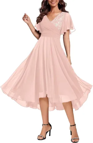 Short Sleeve Mother of The Bride Dress for Women Tea Length for Wedding Formal Dresses with Pockets 2025
