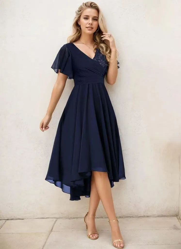 Short Sleeve Mother of The Bride Dress for Women Tea Length for Wedding Formal Dresses with Pockets 2025