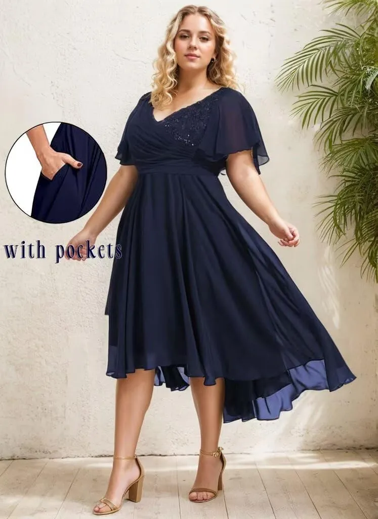 Short Sleeve Mother of The Bride Dress for Women Tea Length for Wedding Formal Dresses with Pockets 2025