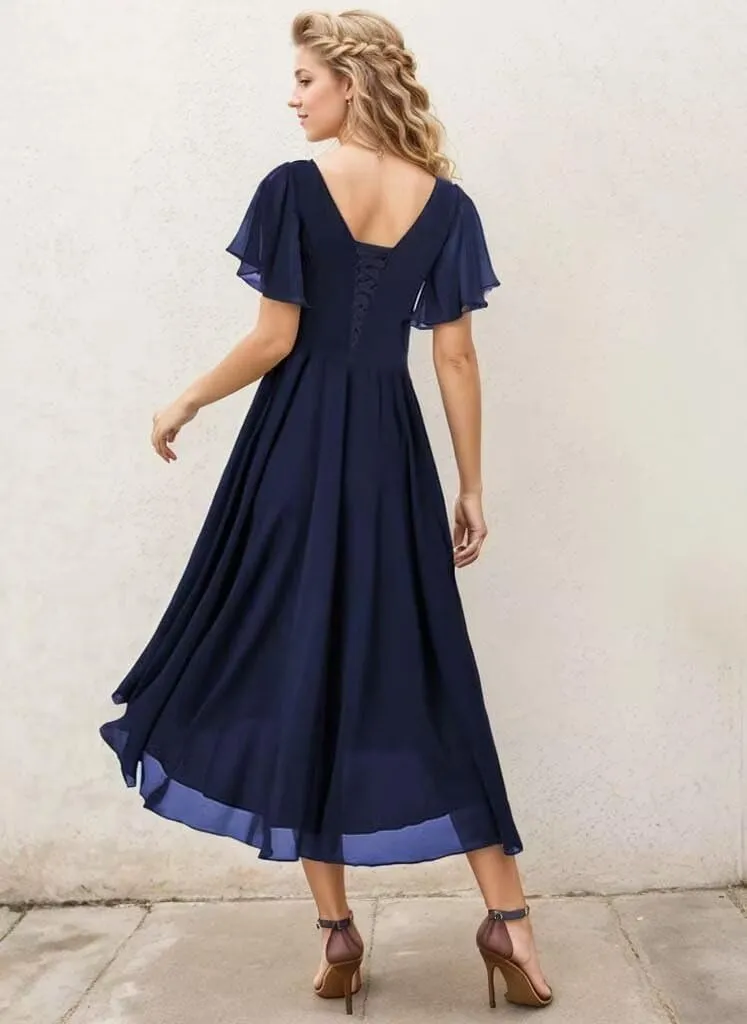 Short Sleeve Mother of The Bride Dress for Women Tea Length for Wedding Formal Dresses with Pockets 2025