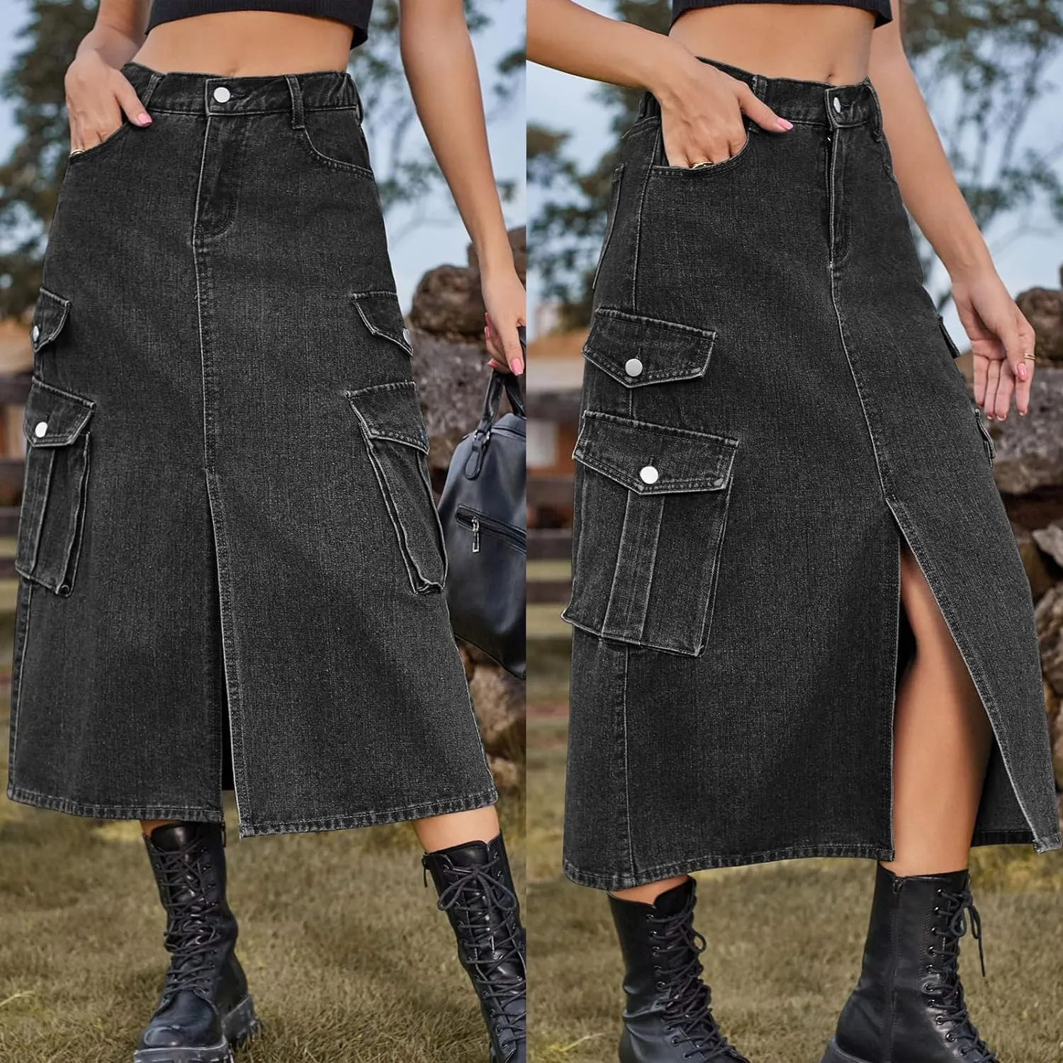 Slit Front Midi Denim Skirt with Pockets, Women's Casual Stretch High Waisted Slim Fit A Line Long Cargo Jean Skirt