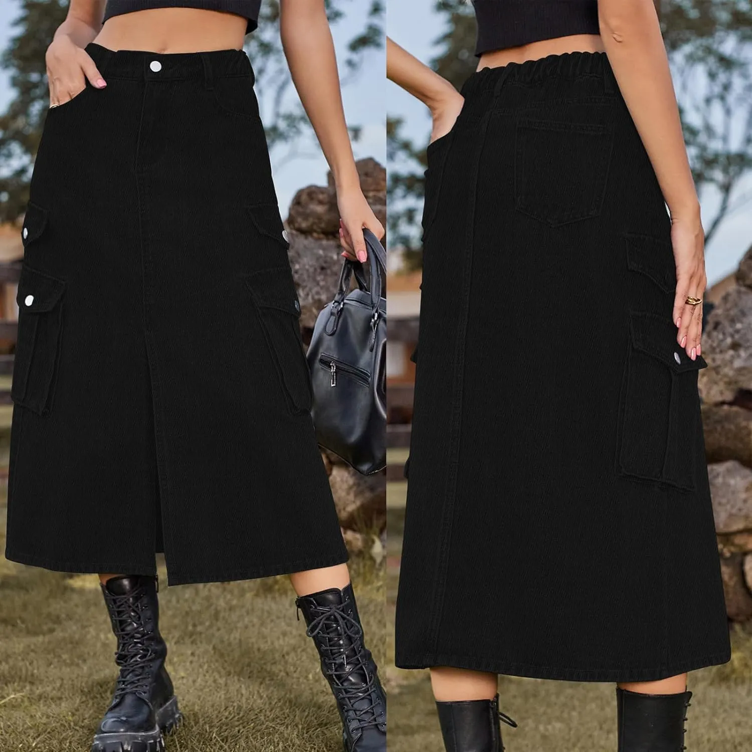Slit Front Midi Denim Skirt with Pockets, Women's Casual Stretch High Waisted Slim Fit A Line Long Cargo Jean Skirt