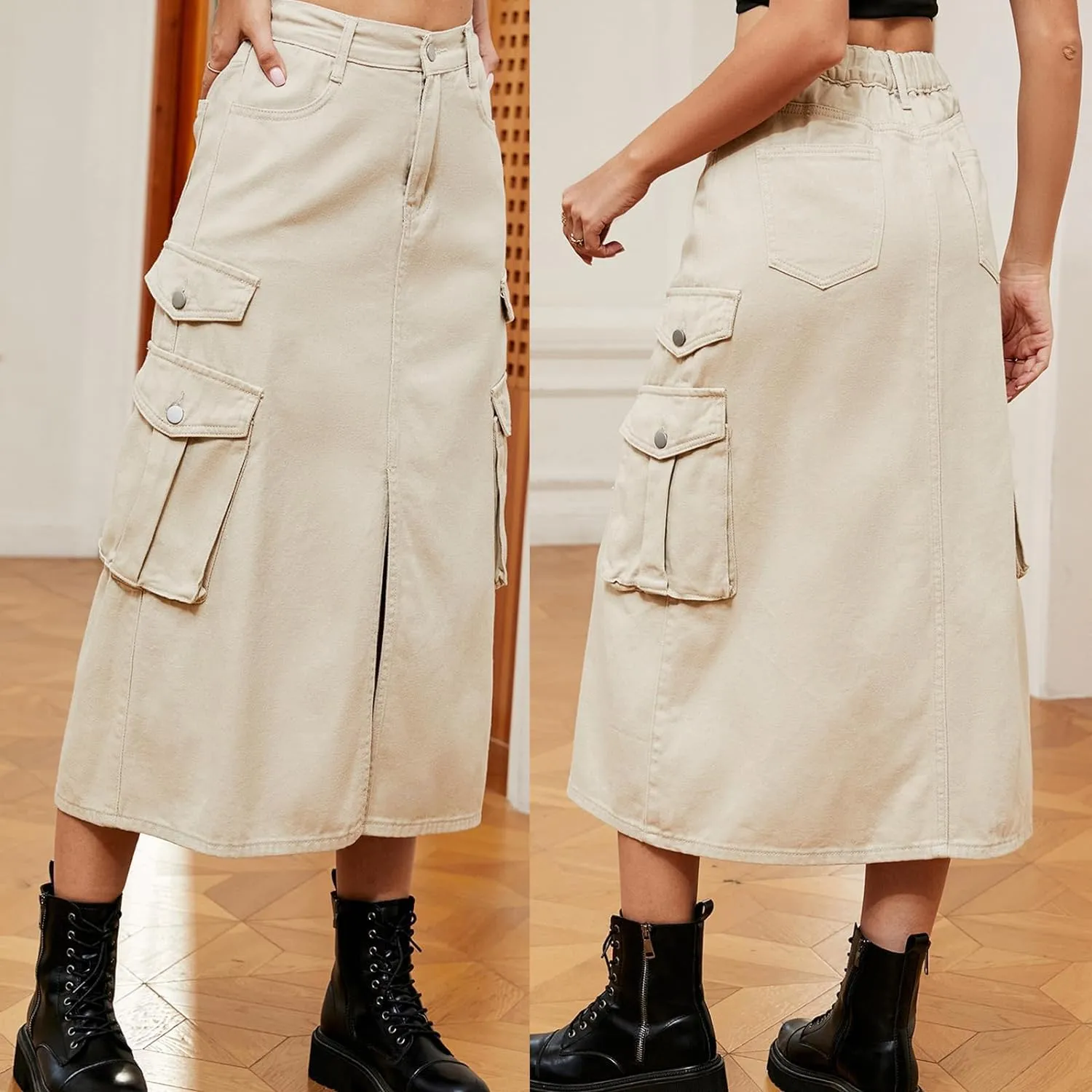 Slit Front Midi Denim Skirt with Pockets, Women's Casual Stretch High Waisted Slim Fit A Line Long Cargo Jean Skirt