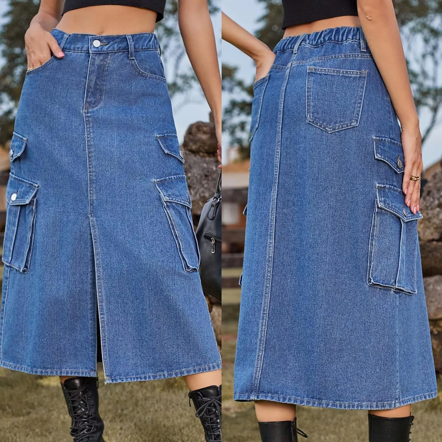 Slit Front Midi Denim Skirt with Pockets, Women's Casual Stretch High Waisted Slim Fit A Line Long Cargo Jean Skirt