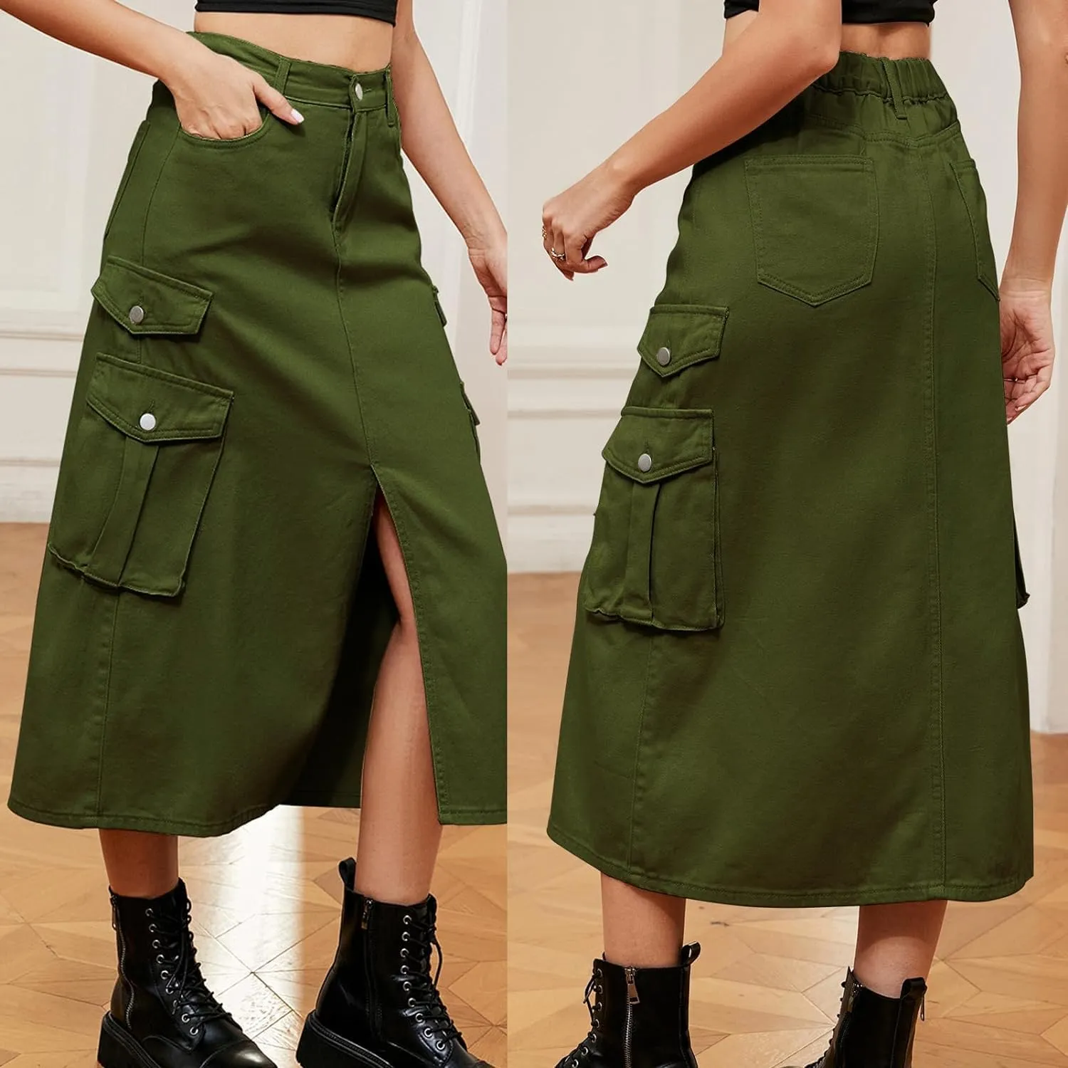 Slit Front Midi Denim Skirt with Pockets, Women's Casual Stretch High Waisted Slim Fit A Line Long Cargo Jean Skirt