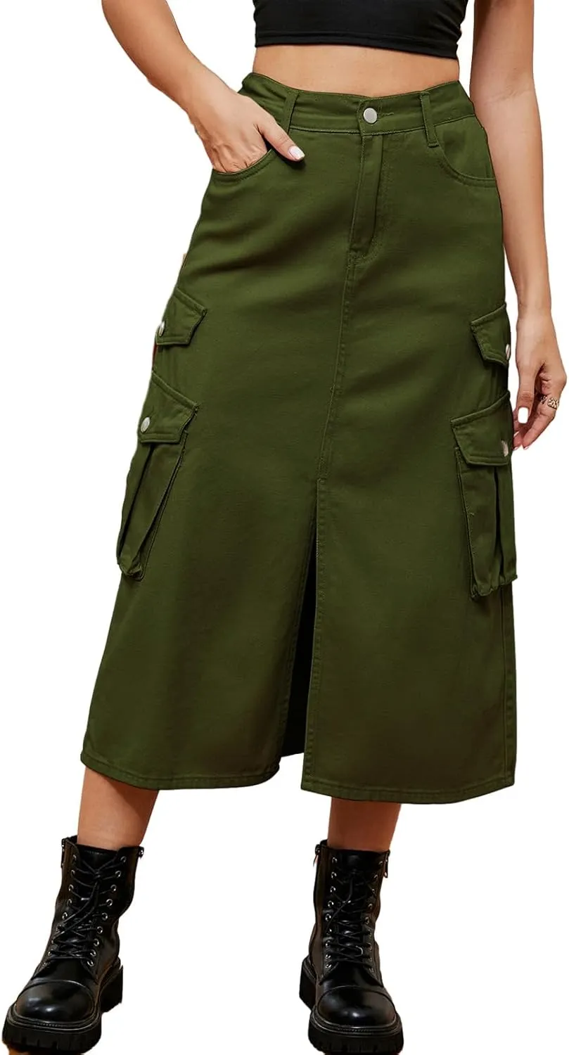 Slit Front Midi Denim Skirt with Pockets, Women's Casual Stretch High Waisted Slim Fit A Line Long Cargo Jean Skirt