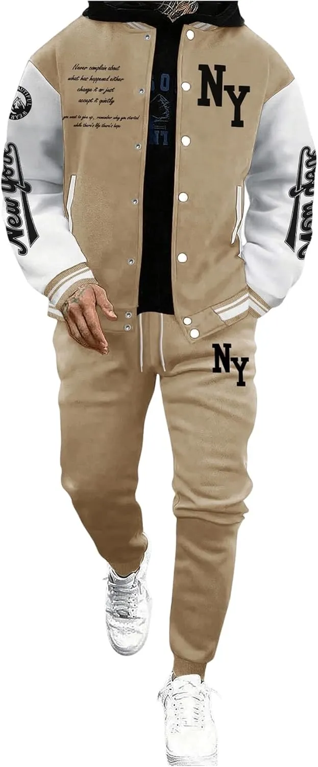 SOLY HUX Men's Tracksuit 2 Piece Outfits Color Block Letter Graphic Long Sleeve Varsity Jacket and Pants Set