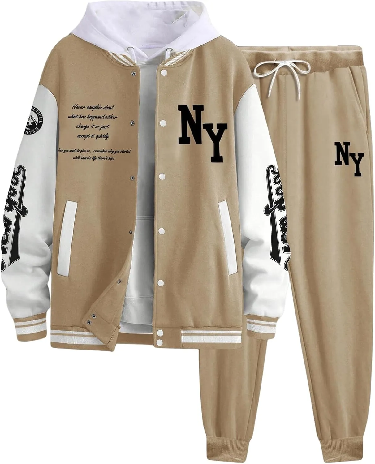 SOLY HUX Men's Tracksuit 2 Piece Outfits Color Block Letter Graphic Long Sleeve Varsity Jacket and Pants Set