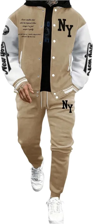 SOLY HUX Men's Tracksuit 2 Piece Outfits Color Block Letter Graphic Long Sleeve Varsity Jacket and Pants Set