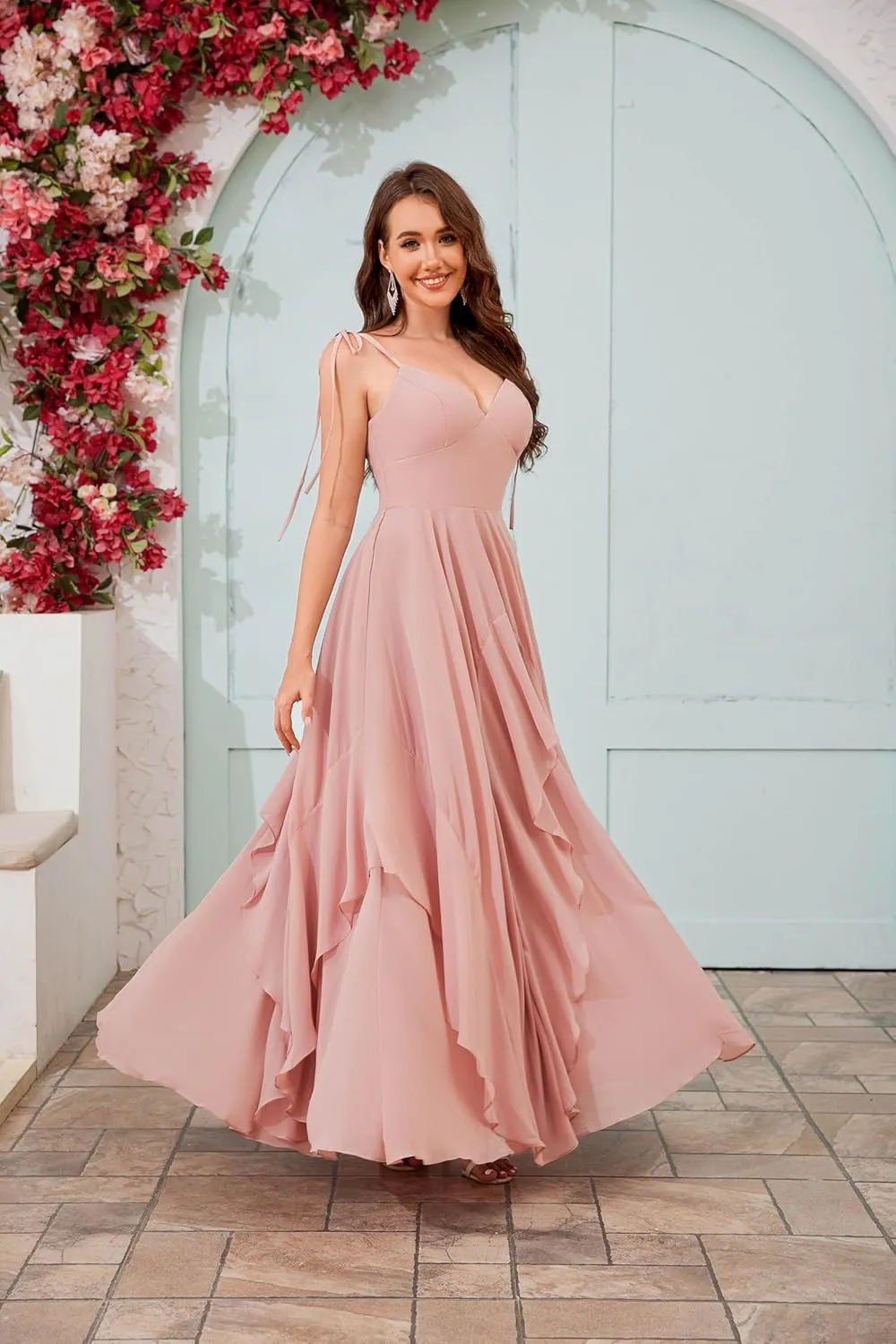 Spaghetti Straps Chiffon Ruffle Bridesmaid Dresses Long Ruched A Line Formal Dress Evening Gowns