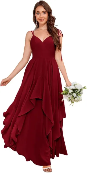 Spaghetti Straps Chiffon Ruffle Bridesmaid Dresses Long Ruched A Line Formal Dress Evening Gowns