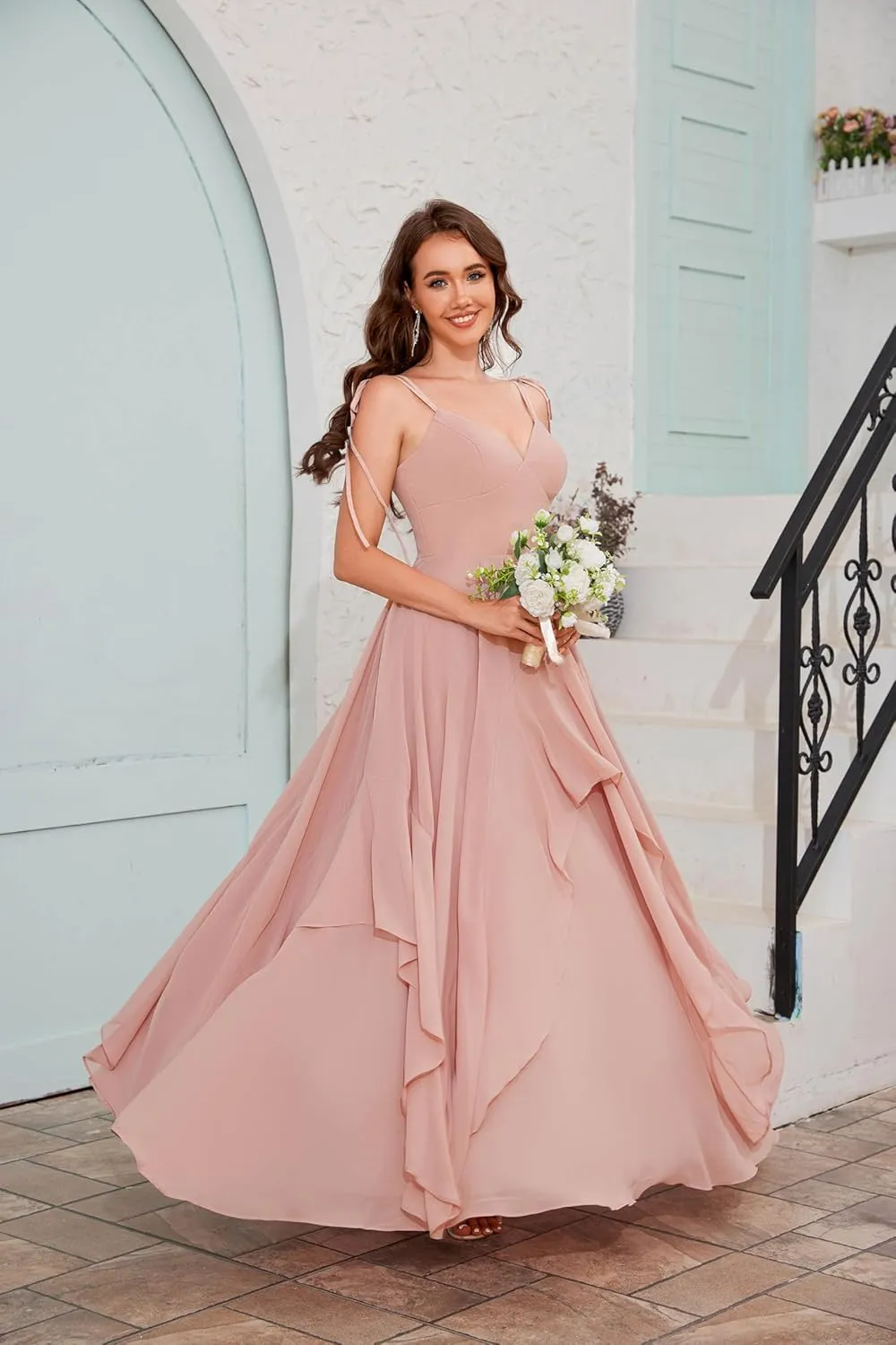 Spaghetti Straps Chiffon Ruffle Bridesmaid Dresses Long Ruched A Line Formal Dress Evening Gowns