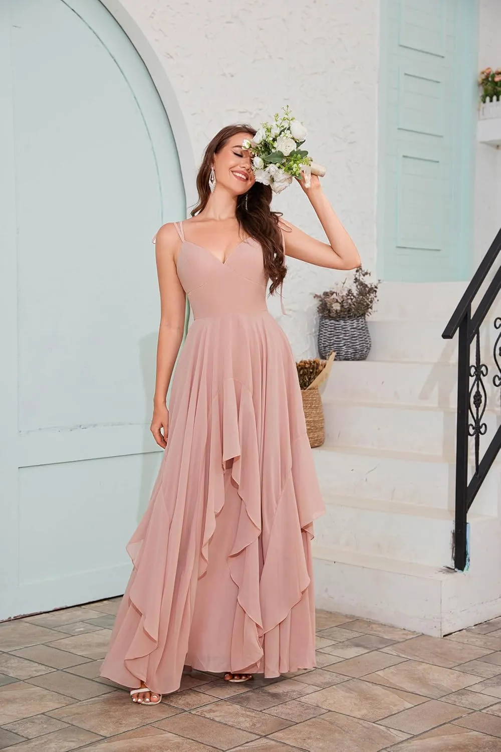 Spaghetti Straps Chiffon Ruffle Bridesmaid Dresses Long Ruched A Line Formal Dress Evening Gowns