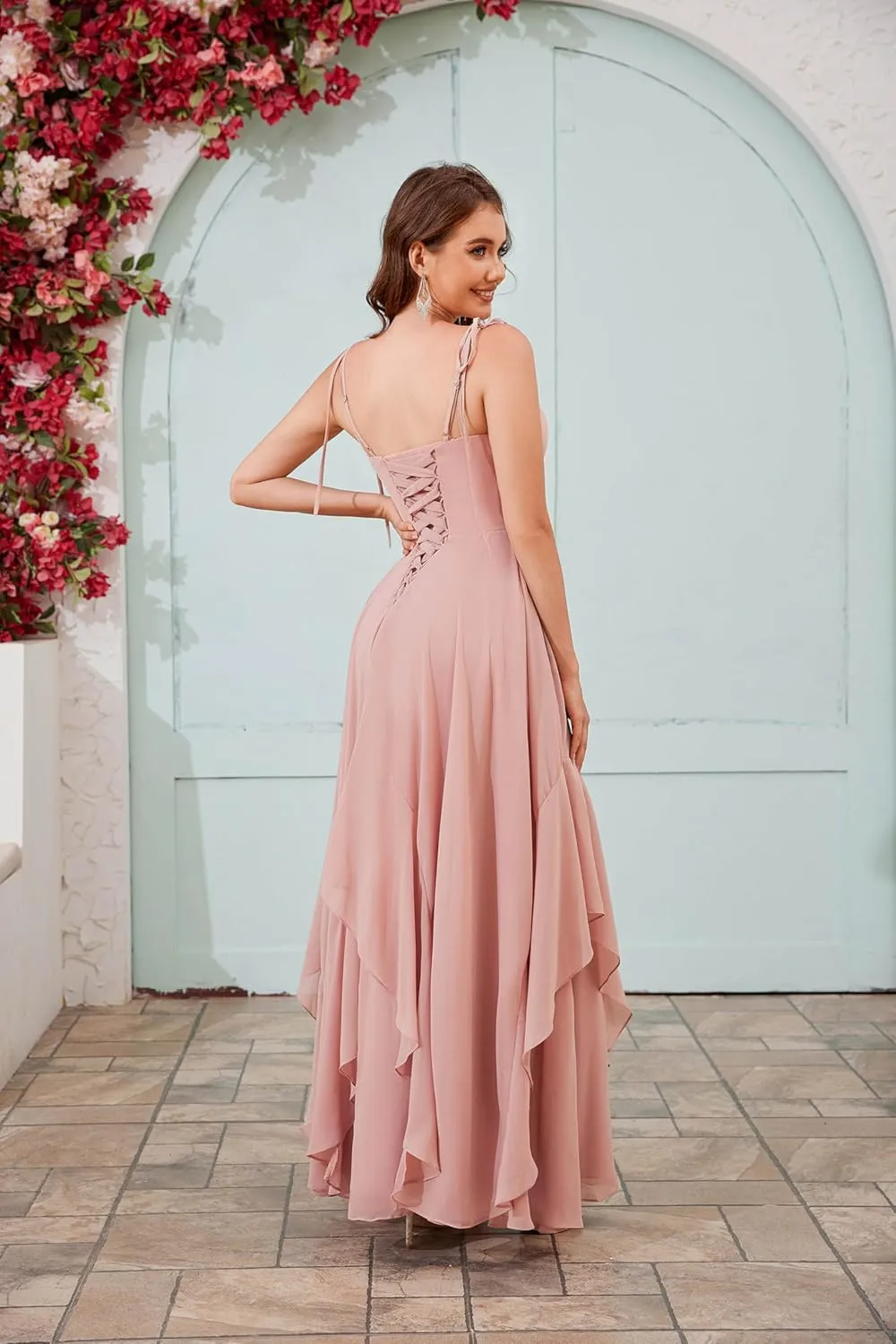 Spaghetti Straps Chiffon Ruffle Bridesmaid Dresses Long Ruched A Line Formal Dress Evening Gowns