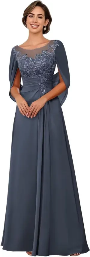 Sparkly Lace Appliques Mother of The Bride Dresses for Wedding Cape Scoop Chiffon Formal Evening Dress