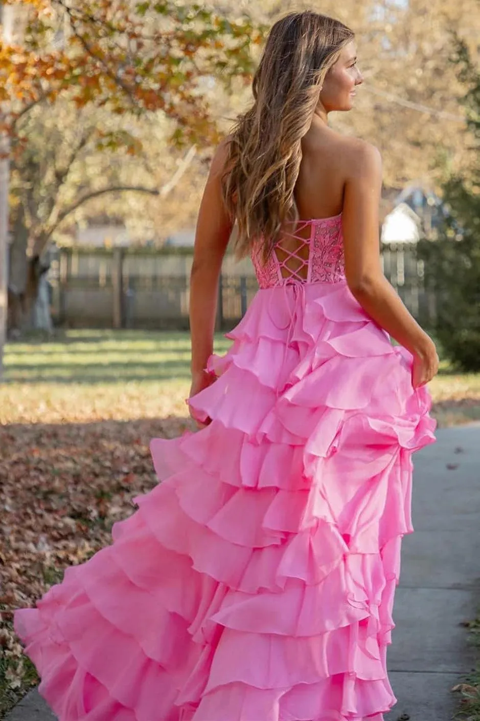 Strapless Ruffles Corset Prom Dresses 2025 for Women Lace Tiered Chiffon Long Formal Evening Gown with Slit WO066