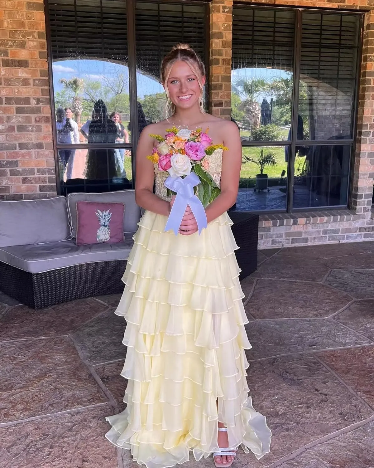 Strapless Ruffles Corset Prom Dresses 2025 for Women Lace Tiered Chiffon Long Formal Evening Gown with Slit WO066