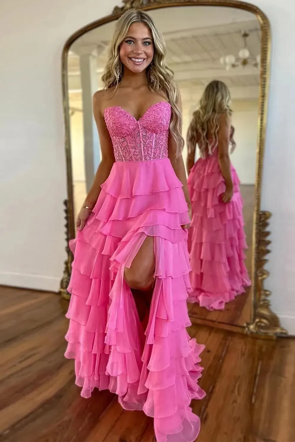 Strapless Ruffles Corset Prom Dresses 2025 for Women Lace Tiered Chiffon Long Formal Evening Gown with Slit WO066