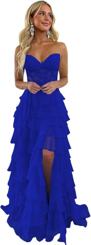 Strapless Ruffles Corset Prom Dresses 2025 for Women Lace Tiered Chiffon Long Formal Evening Gown with Slit WO066