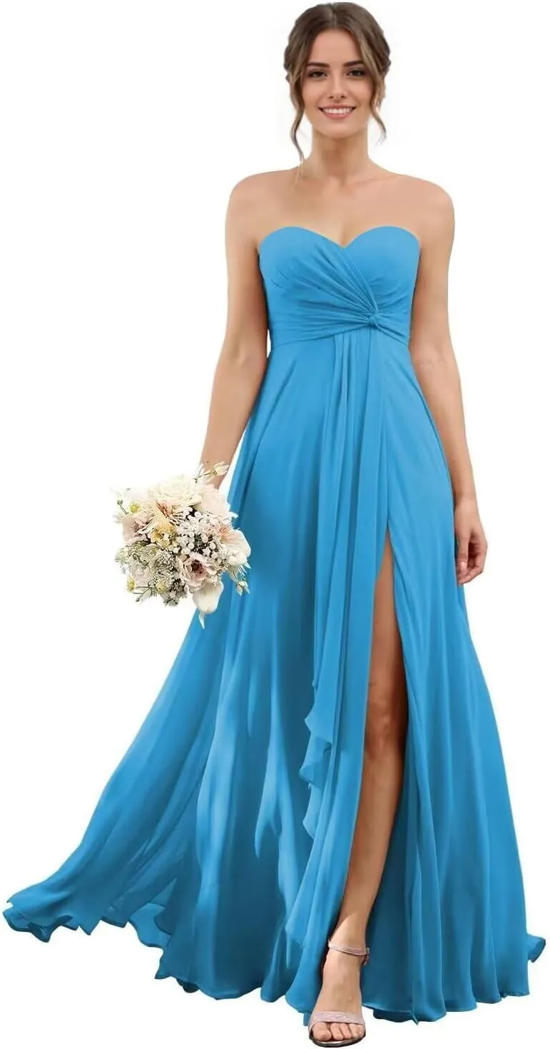 Sweetheart Chiffon Bridesmaid Dresses with Slit Long Pleated Prom Dress Strapless Formal Party Gowns