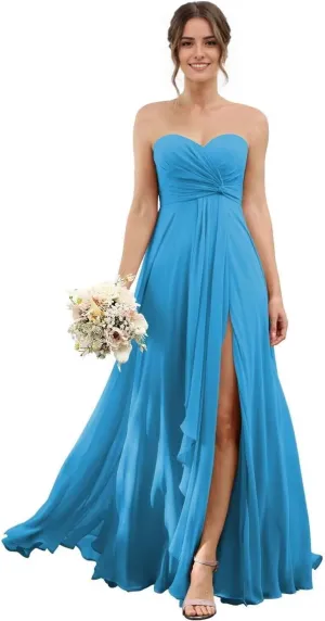 Sweetheart Chiffon Bridesmaid Dresses with Slit Long Pleated Prom Dress Strapless Formal Party Gowns