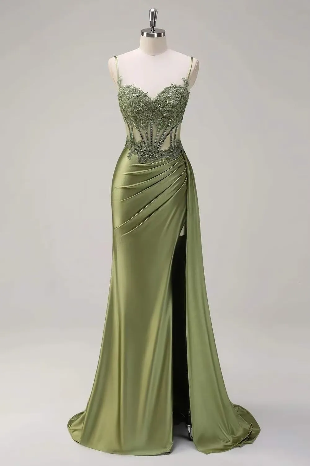 Sweetheart Satin Prom Dresses with Slit Lace Pleated Corset Mermaid Long Evening Gown
