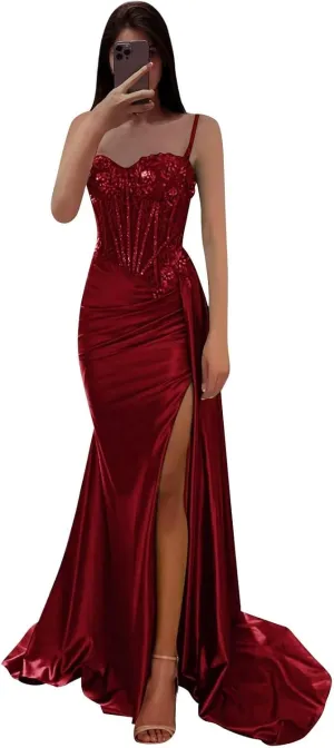 Sweetheart Satin Prom Dresses with Slit Lace Pleated Corset Mermaid Long Evening Gown