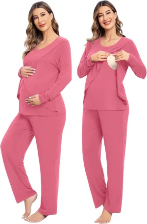 SWOMOG Women Maternity Pajama Set Nursing Pjs Double Layer Long Sleeve Top & Pants Breastfeeding Pregnancy Set with Pockets