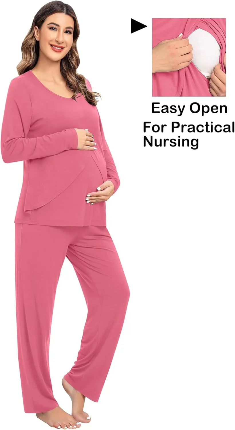 SWOMOG Women Maternity Pajama Set Nursing Pjs Double Layer Long Sleeve Top & Pants Breastfeeding Pregnancy Set with Pockets