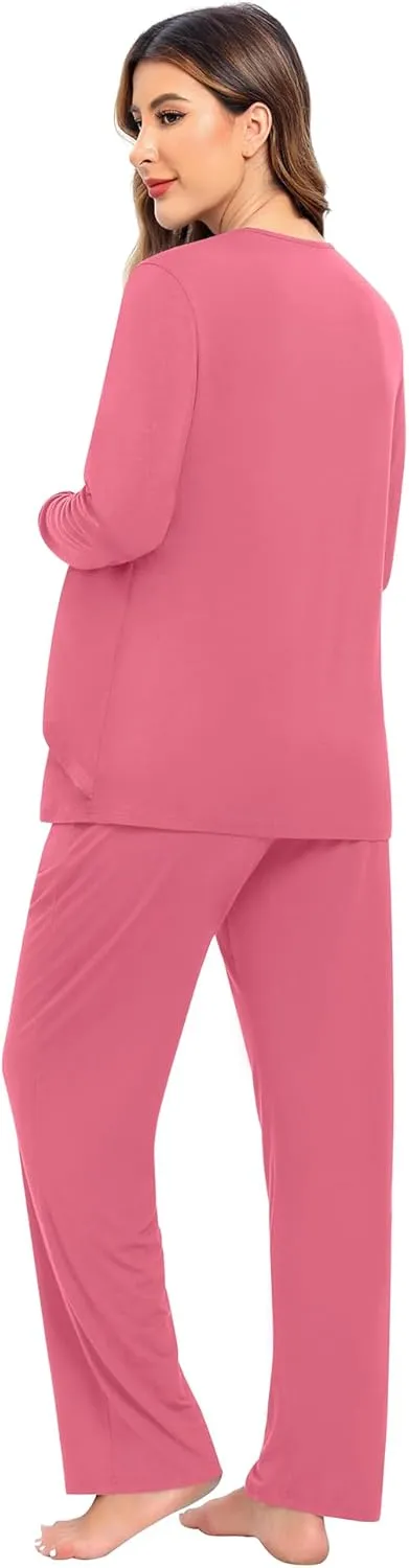 SWOMOG Women Maternity Pajama Set Nursing Pjs Double Layer Long Sleeve Top & Pants Breastfeeding Pregnancy Set with Pockets