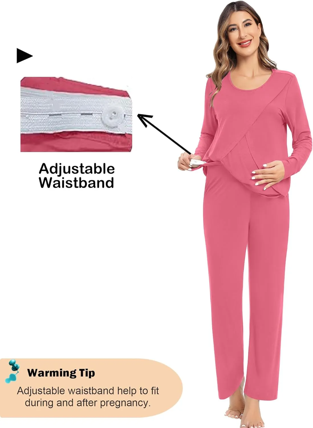 SWOMOG Women Maternity Pajama Set Nursing Pjs Double Layer Long Sleeve Top & Pants Breastfeeding Pregnancy Set with Pockets
