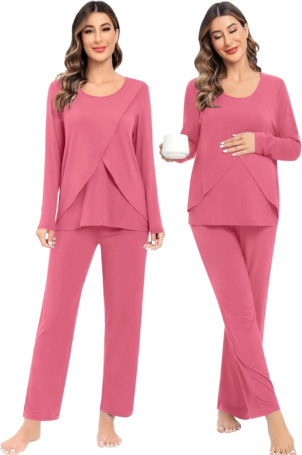 SWOMOG Women Maternity Pajama Set Nursing Pjs Double Layer Long Sleeve Top & Pants Breastfeeding Pregnancy Set with Pockets
