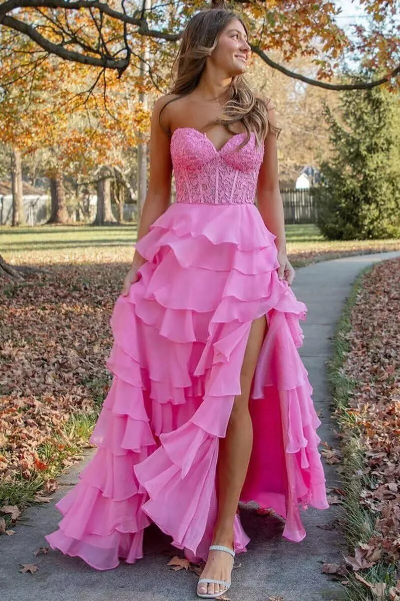 Tiered Chiffon Prom Dress for Teens Strapless Prom Dresses for Women Sweetheart Formal Evening Gowns with Slit