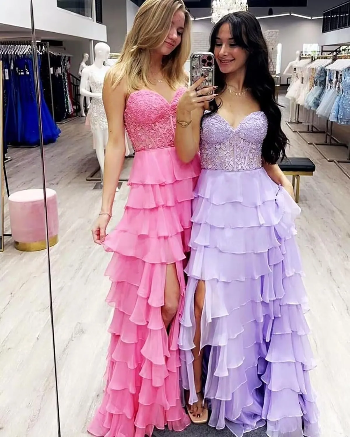 Tiered Chiffon Prom Dress for Teens Strapless Prom Dresses for Women Sweetheart Formal Evening Gowns with Slit