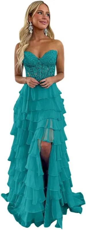 Tiered Chiffon Prom Dress for Teens Strapless Prom Dresses for Women Sweetheart Formal Evening Gowns with Slit