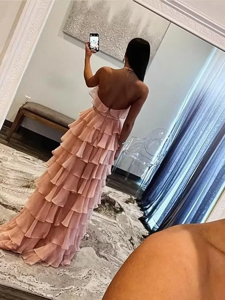 Tiered Keyhole Prom Dresses 2024 Long Chiffon Evening Dresses with Slit