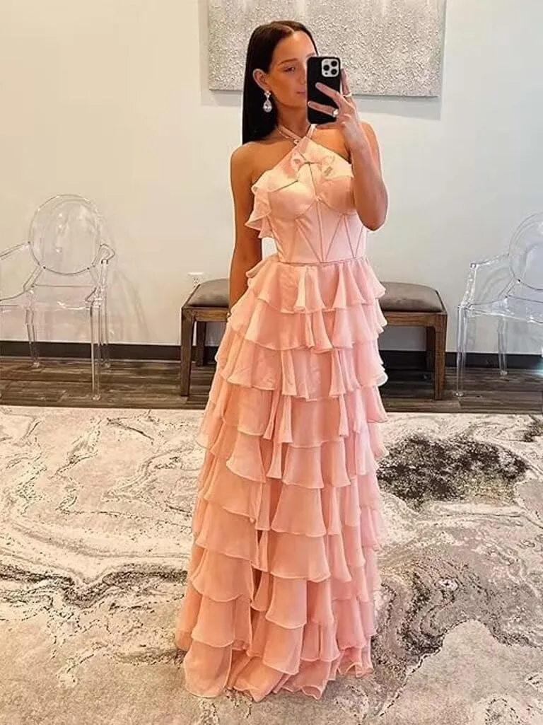 Tiered Keyhole Prom Dresses 2024 Long Chiffon Evening Dresses with Slit