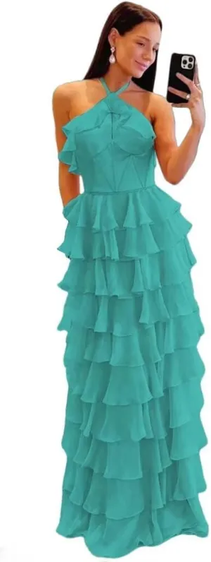 Tiered Keyhole Prom Dresses 2024 Long Chiffon Evening Dresses with Slit