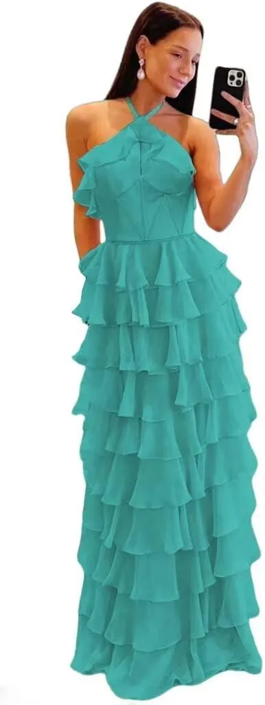 Tiered Keyhole Prom Dresses 2024 Long Chiffon Evening Dresses with Slit