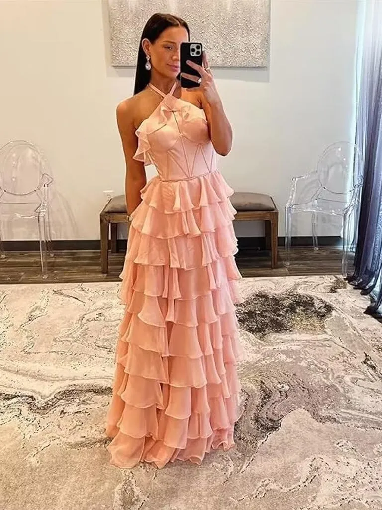 Tiered Keyhole Prom Dresses 2024 Long Chiffon Evening Dresses with Slit