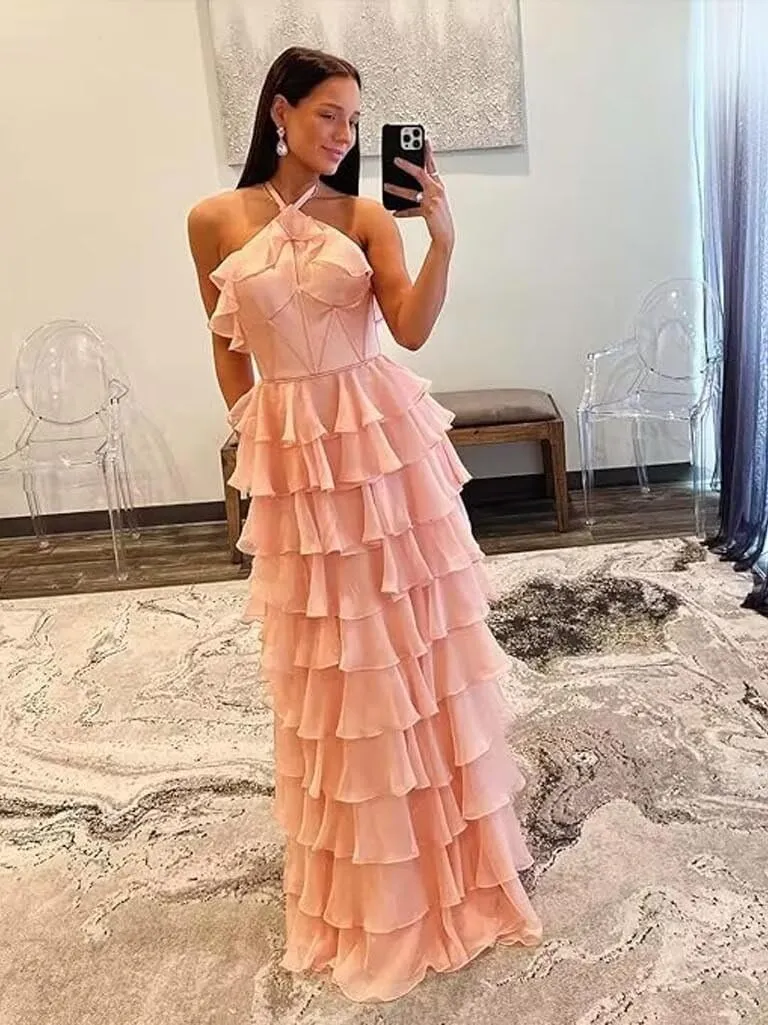 Tiered Keyhole Prom Dresses 2024 Long Chiffon Evening Dresses with Slit