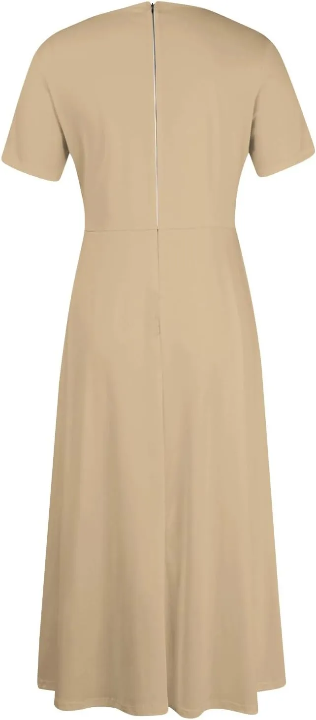 Trendy Short Sleeve Maxi Dress Casual Plus Size Crewneck Long Dress Elegant Formal A Line Smocked Flowy Party Dress