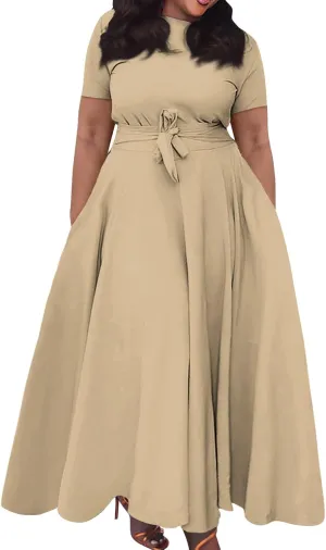 Trendy Short Sleeve Maxi Dress Casual Plus Size Crewneck Long Dress Elegant Formal A Line Smocked Flowy Party Dress
