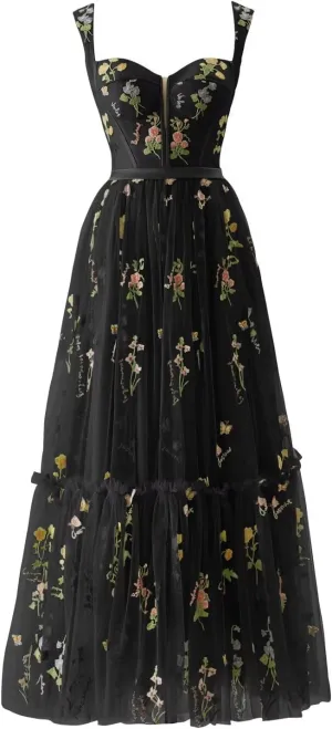 Tulle Flower Embroidery Prom Dress Tea Length Corset A Line Formal Evening Party Gowns