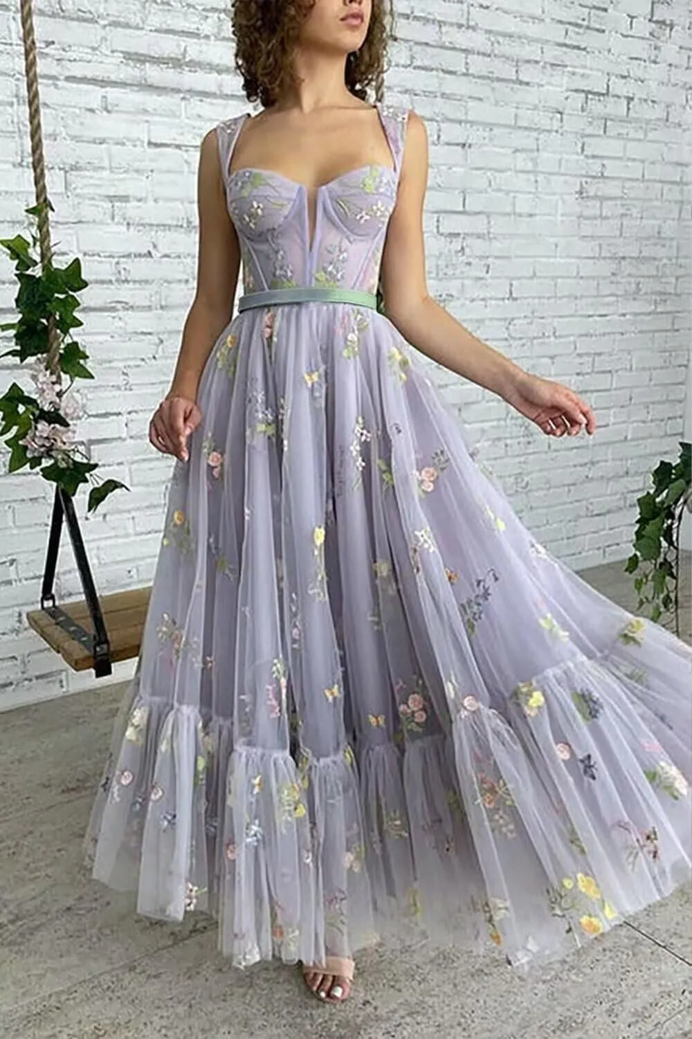 Tulle Flower Embroidery Prom Dress Tea Length Corset A Line Formal Evening Party Gowns
