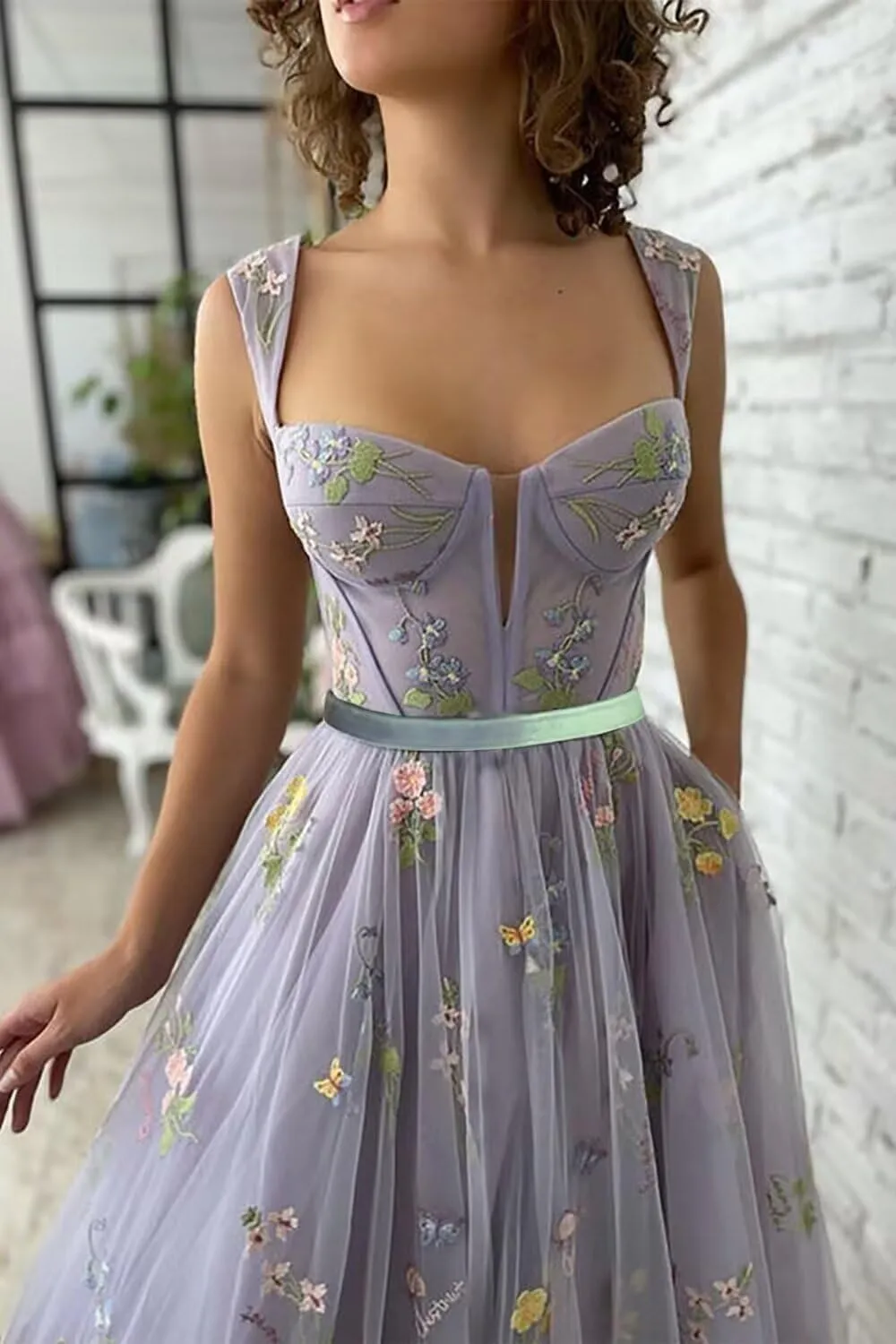 Tulle Flower Embroidery Prom Dress Tea Length Corset A Line Formal Evening Party Gowns