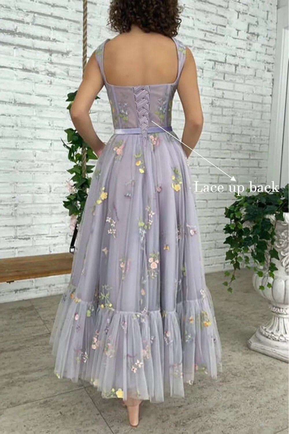 Tulle Flower Embroidery Prom Dress Tea Length Corset A Line Formal Evening Party Gowns