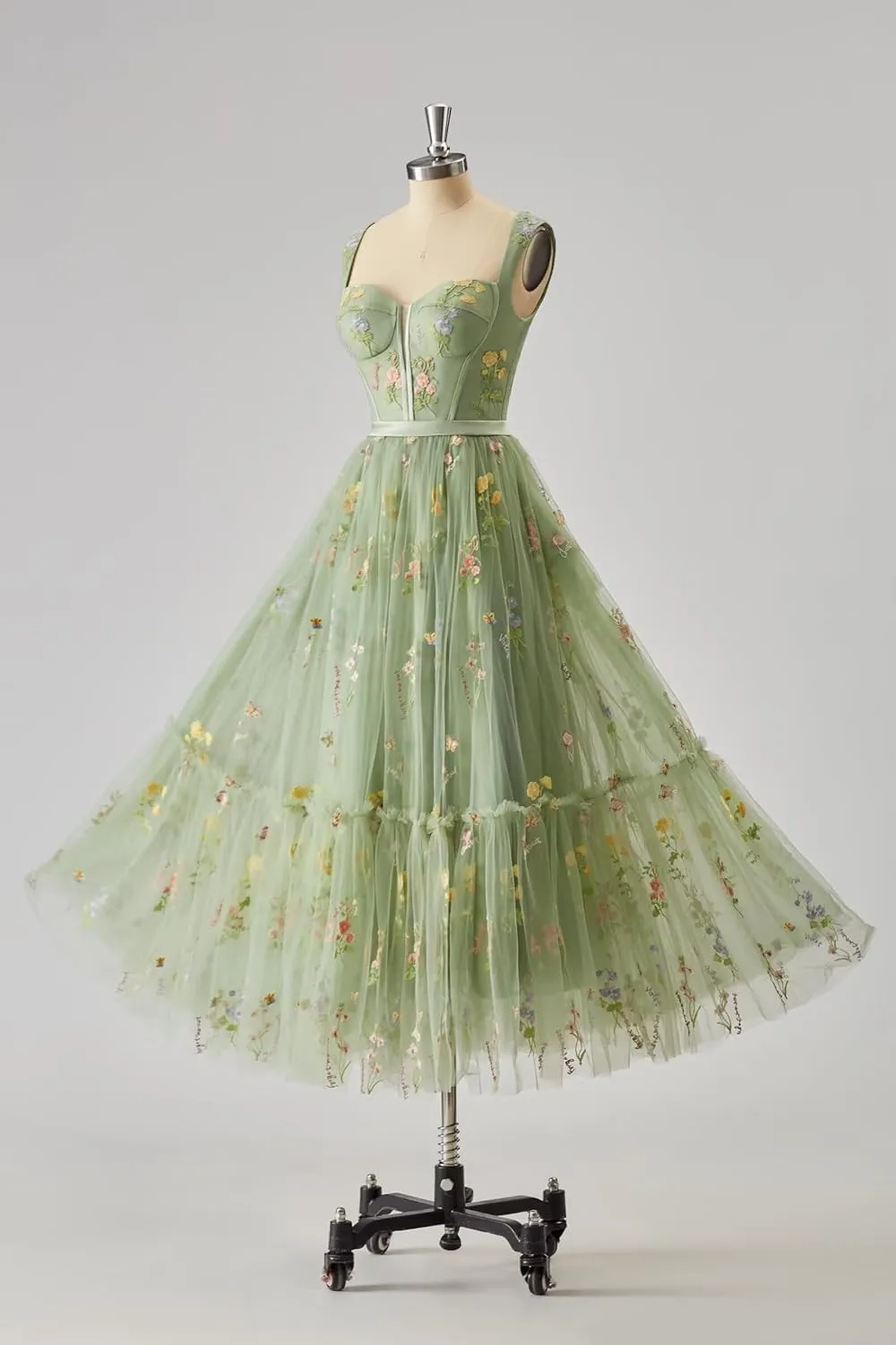 Tulle Flower Embroidery Prom Dress Tea Length Corset A Line Formal Evening Party Gowns