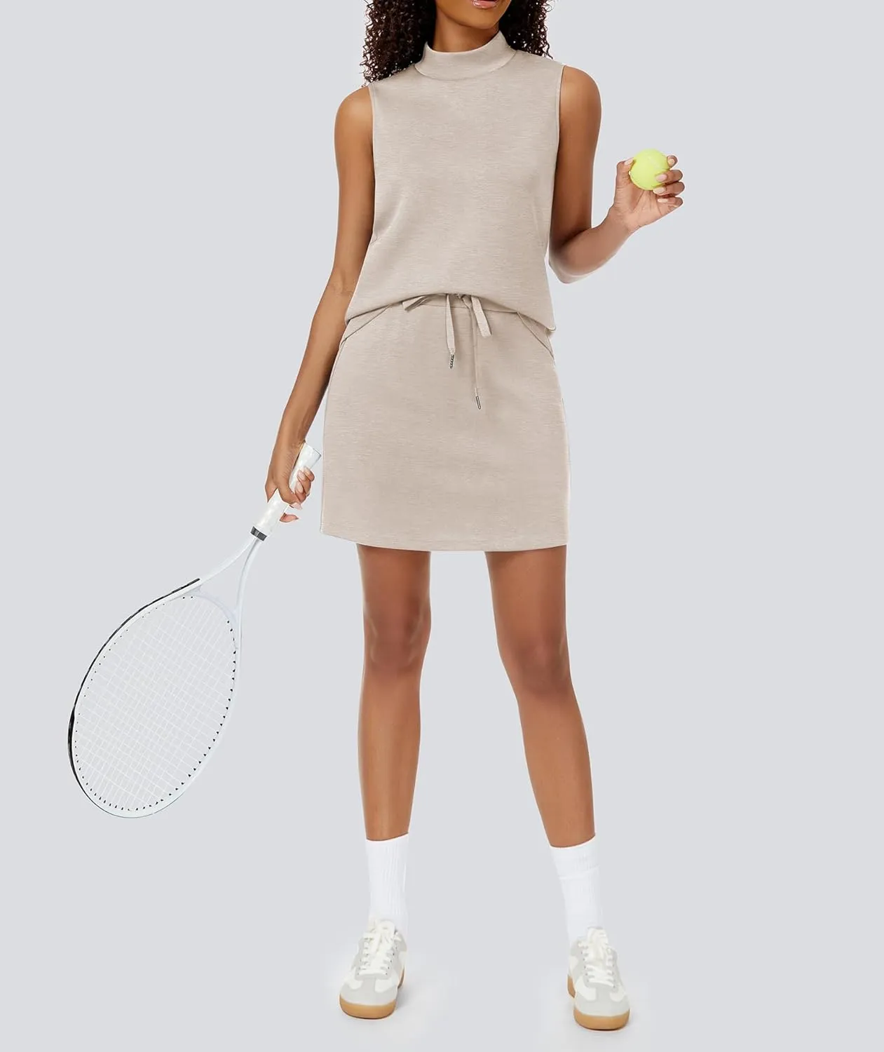 Two Piece Skirt Set for Women Sweatsuits Tennis Outfits Casual Mock Neck Sleeveless Top Elastic Short Skorts