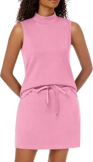 Two Piece Skirt Set for Women Sweatsuits Tennis Outfits Casual Mock Neck Sleeveless Top Elastic Short Skorts